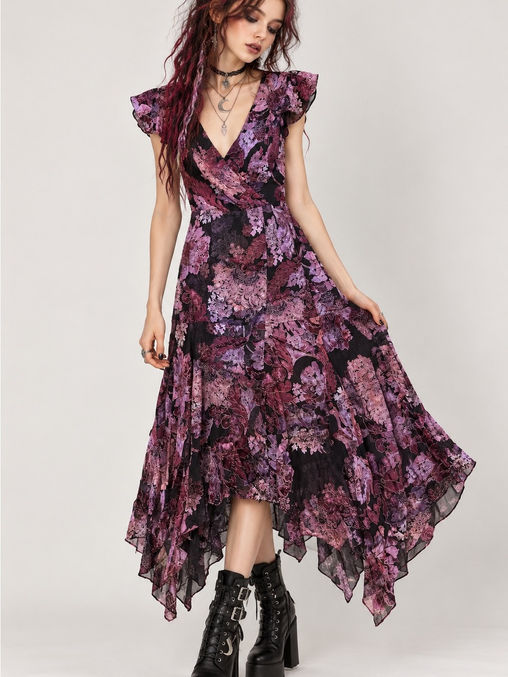White House Black Market Purple Floral Asymmetrical Handkerchief Hem Dress